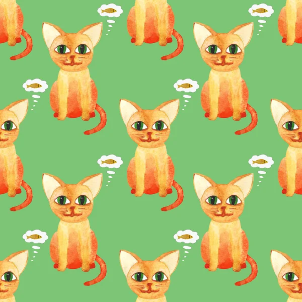 Акварельний милий кіт безшовний візерунок на зеленому фоні — стокове фото