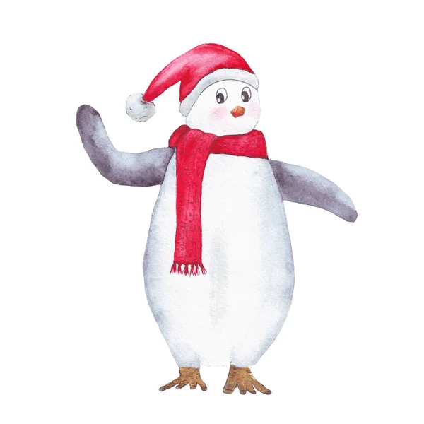 Watercolor cute penguin wearing a santa claus hat and a red scarf — Stock Photo, Image