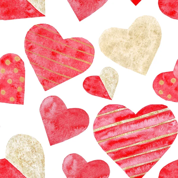 Akwarela czerwone i złote serca bezszwowe miłość ślub dzień Valentine — Zdjęcie stockowe