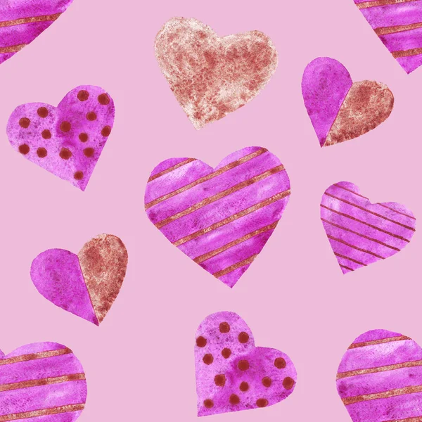 Acuarela púrpura y cooper corazones patrón sin costuras amor boda día de San Valentín —  Fotos de Stock