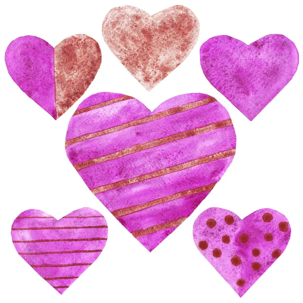 Akwarela fioletowy i Cooper serce zestaw miłość ślub Walentynki — Zdjęcie stockowe
