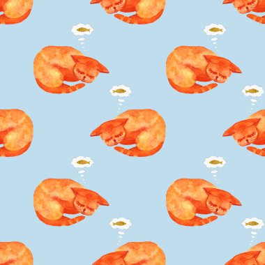 sevimli kedi uyku suluboya karakteri ve bir balık hakkında rüya