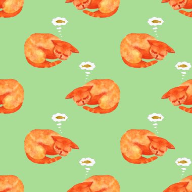 sevimli kedi uyku suluboya karakteri ve bir balık hakkında rüya