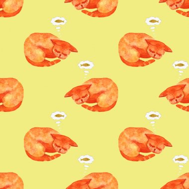 sevimli kedi uyku suluboya karakteri ve bir balık hakkında rüya