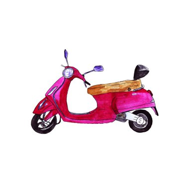 Retro pembe scooter, el çizilmiş, suluboya illüstrasyon