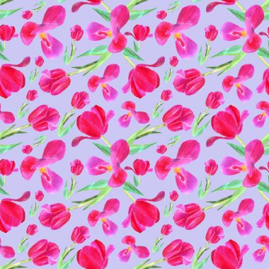 yaprakları ile Pembe lale. Dikişsiz desen. Baskı, kumaş, tekstil, duvar kağıdı için doku. Mor üzerinde el çizilmiş suluboya illüstrasyon