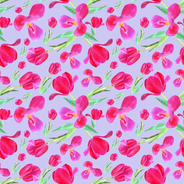 Pink tulips with leaves. Seamless pattern. Texture for print, fabric, textile, wallpaper. Hand drawn watercolor illustration on purple — Stock Photo, Image