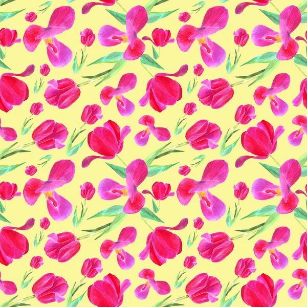 Pink tulips with leaves. Seamless pattern. Texture for print, fabric, textile, wallpaper. Hand drawn watercolor illustration on yellow — Stock Photo, Image