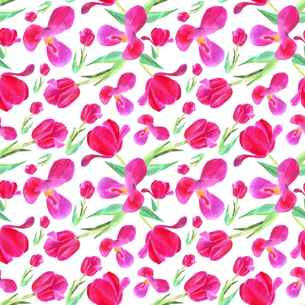 Pink tulips with leaves. Seamless pattern. Texture for print, fabric, textile, wallpaper. Hand drawn watercolor illustration on white — Stock Photo, Image