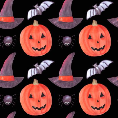 balkabağı, yarasa, örümcek ve cadı şapka ile suluboya halloween sorunsuz desen