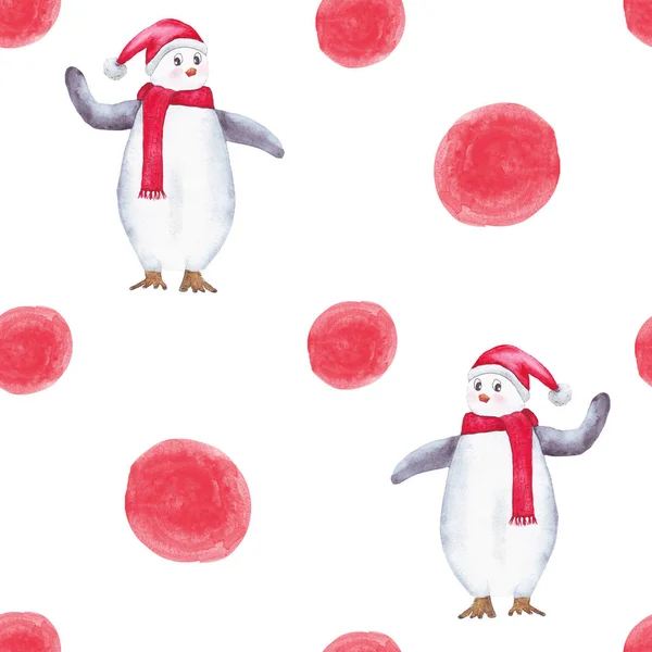 水彩可爱的企鹅戴着圣诞老人的帽子和红领巾无缝图案与红色圆圈 — 图库照片