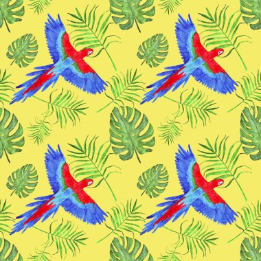 suluboya tropikal dikişsiz desen papağan macaw monstera ve palmiye yaprakları