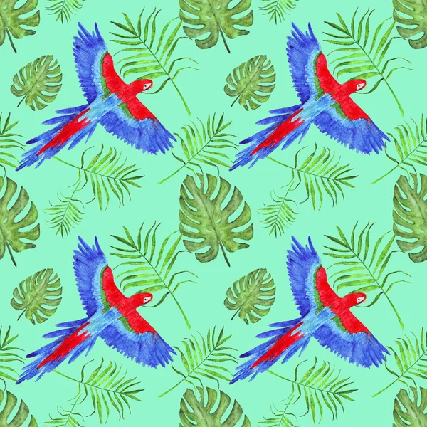 Acquerello tropicale modello senza cuciture pappagallo foglie di ara monstera e palma — Foto Stock