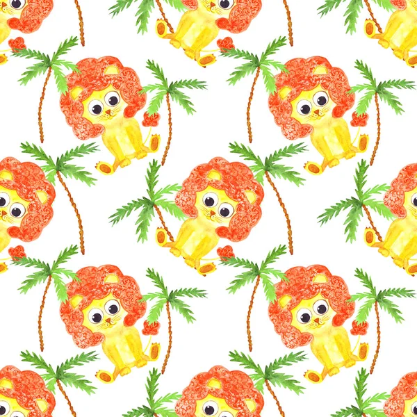 watercolor cute lion palm trees seamless pattern african