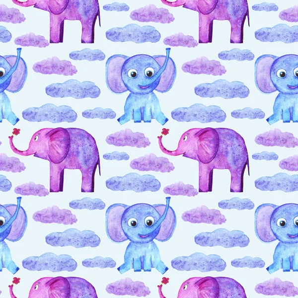 Acuarela lindos elefantes y nubes patrón sin costura . —  Fotos de Stock