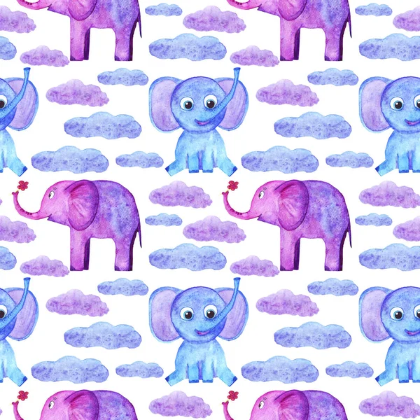 Acuarela lindos elefantes y nubes patrón sin costura . —  Fotos de Stock
