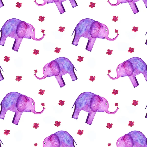 Acuarela patrón inconsútil lindo elefante violeta-rosa con flores . —  Fotos de Stock