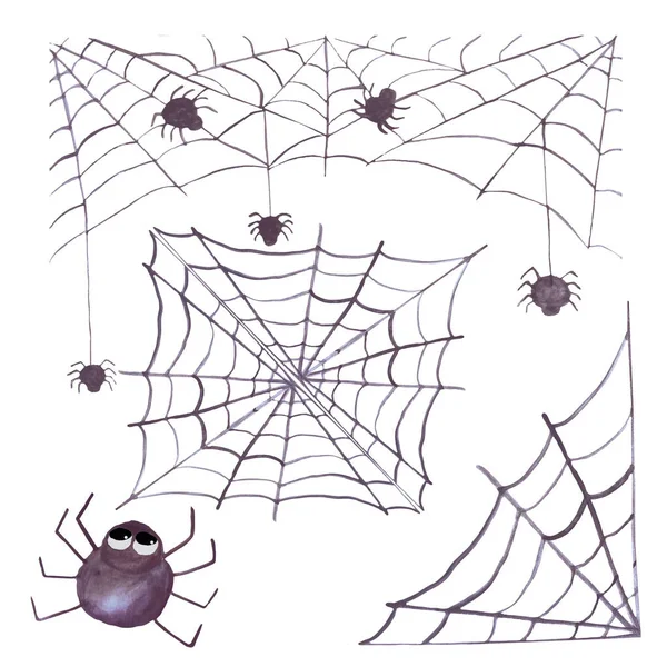 Acquerello Halloween set con ragnatele e ragni. Una serie di oggetti. Isolato su sfondo bianco. Adatto per inviti, biglietti, decorazioni — Foto Stock