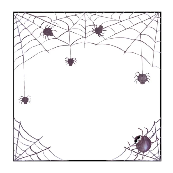 Aquarell-Halloween-Rahmen mit Spinnennetz und Spinnen. geeignet für Einladungen, Karten, Dekorationen — Stockfoto