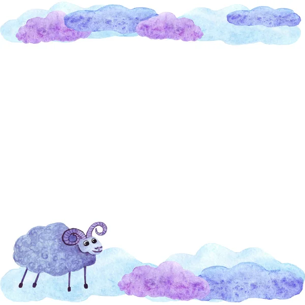 Acuarela linda oveja y nubes marco tarjeta invitación — Foto de Stock
