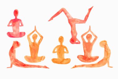 yoga yapan insanların siluetleri suluboya seti