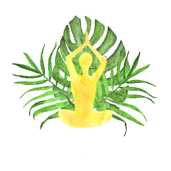 Compoziția acuarelă buchet de o siluetă a unui om care practică yoga și frunze tropicale de palmier și o monsteră . — Fotografie, imagine de stoc