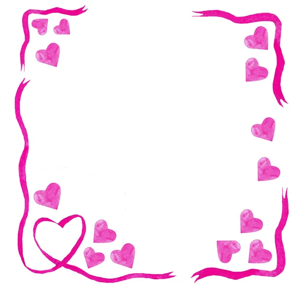 Aquarel hart roze valentine's dag liefde decor elementen harten frame samenstelling lint — Stockfoto