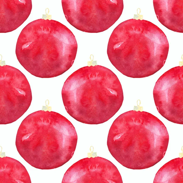 흰색 배경에 수채화 손 그린 빨간 크리스마스 공 원활한 패턴. — 스톡 사진
