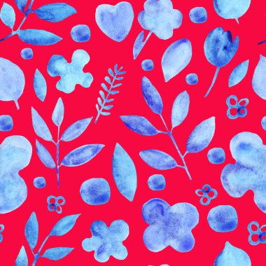 suluboya basit siluetler çiçekler mavi dikişsiz desen