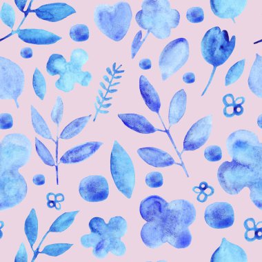 suluboya basit siluetler çiçekler mavi dikişsiz desen
