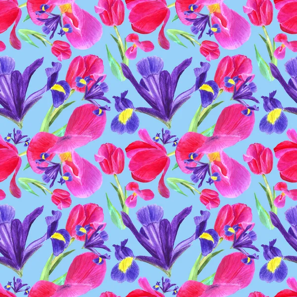 Watercolor iris, tulip and leaves seamless pattern on blue background — Stock Photo, Image