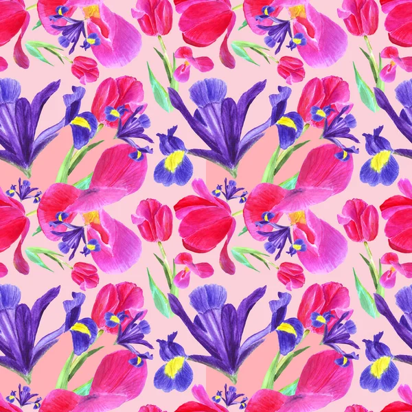Watercolor iris, tulip and leaves seamless pattern on pink background — Stock Photo, Image