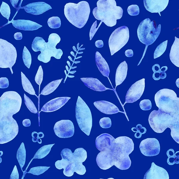 watercolor simple silhouettes flowers blue seamless pattern
