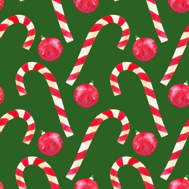 suluboya el çizilmiş şeker kamışı ve yeşil arka plan üzerinde kırmızı noel topu dikişsiz desen.