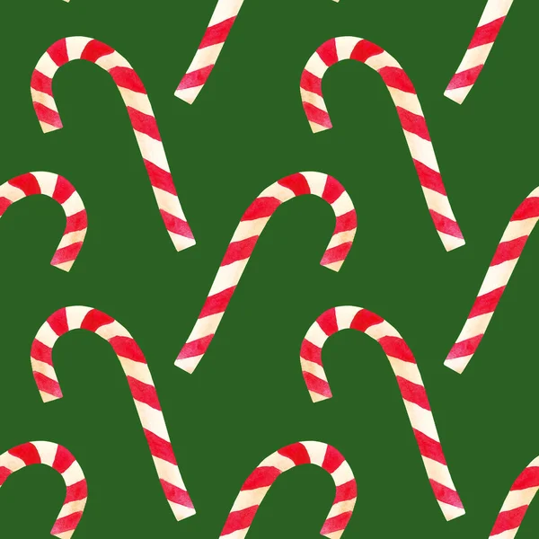 Watercolor hand drawn candy cane seamless pattern on green background. — Stock Photo, Image