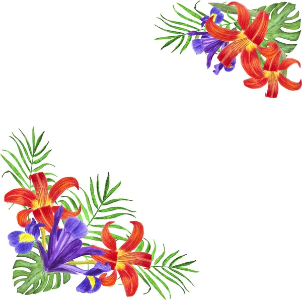 Акварель цветы радуют лилии пальмовые листья монстры — стоковое фото