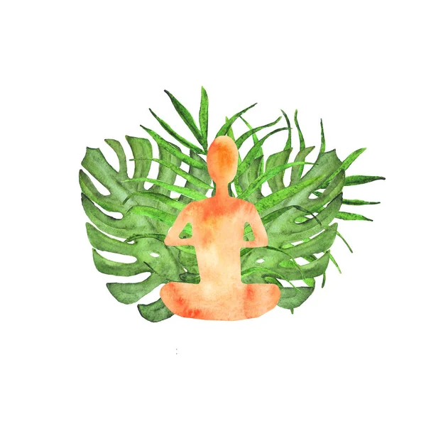Ramo de composición de acuarela de una silueta de un hombre practicando yoga y hojas de palma tropical y una monstera. asana — Foto de Stock