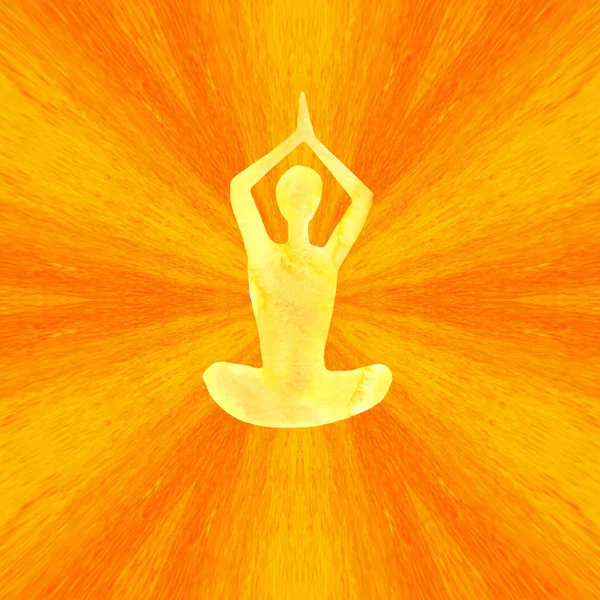 Watercolor silhouette of a man in lotus position on a abstract orange kaleidoscope trend background — Stock Photo, Image