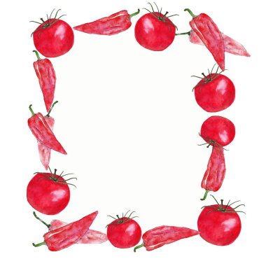 kırmızı sebze domates ve biber suluboya kare çerçeve
