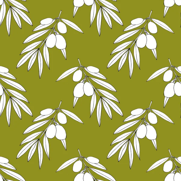 Olives on a branch with leaves simple liner hand drawn on olive background seamless pattern. — Stock Photo, Image