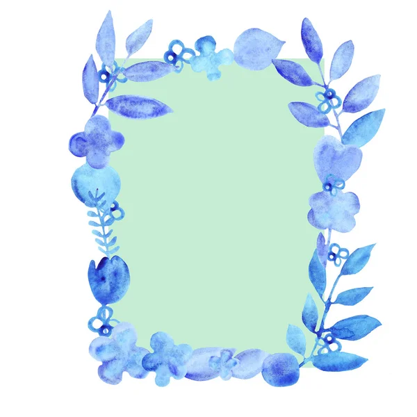 Aquarelle fleurs provinciales et feuilles cadre bleu — Photo