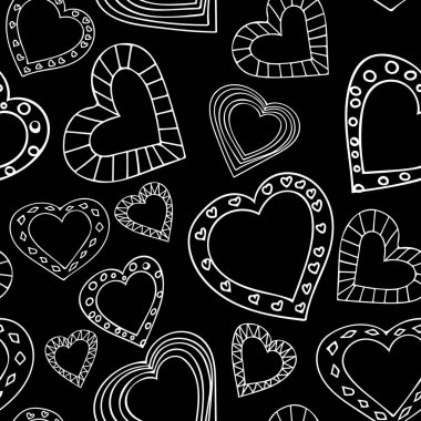 siyah arka plan üzerinde doodle kalpleri sorunsuz desen.