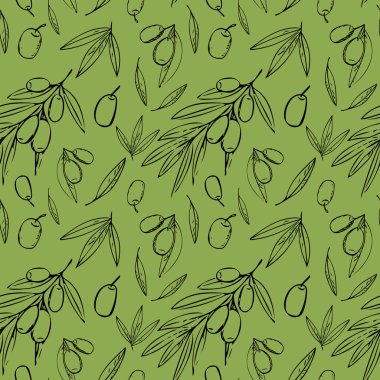 yeşil arka plan dikişsiz desen çizilmiş basit astar eli yaprakları ile bir dal üzerinde zeytin.