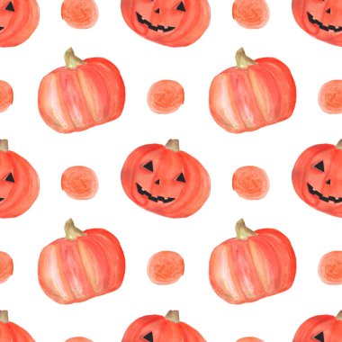 kabaklar, daireler ile suluboya halloween sorunsuz desen. Parti, davetiye, tebrik kartı, kumaş için dekorasyon için uygun desen