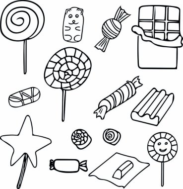 doodle tarzında tatlılar kümesi. el çizilmiş tatlılar, şekerlemeler, marmelat, çiğneme ayısı.