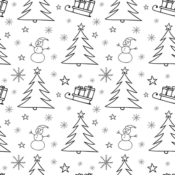 Weihnachtsbaum, Schneemann, Schlitten mit Geschenken, Schneeflocken, Sterne mit nahtlosem Muster im Doodle-Stil. — Stockfoto