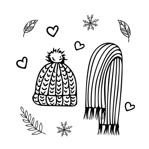 Klobouk, šátek a pohodlí v chladném počasí. Ručně kreslené prvky ve stylu doodle. — Stockový vektor
