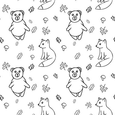 Tilki, ayı ve karalama desensiz bırakır. İskandinav basit yolcu gemisi stili. orman hayvanları