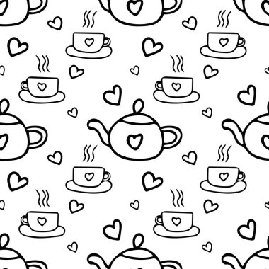 Çaydanlık fincanları el çizimi vektör grafik biçimi kusursuz desen. Basit bir karalama İskandinav tarzı çizim. Çay kalpleri sever çay seremonisi