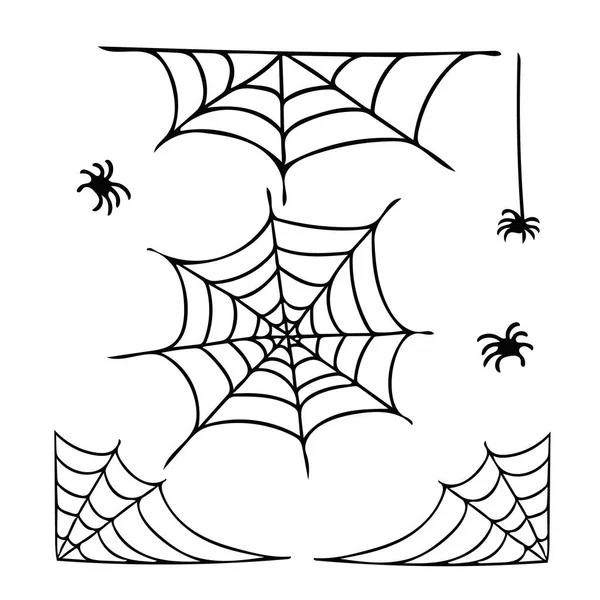 Spinnennetz und Spinnen Satz von Elementen im handgezeichneten Stil. Vektor-Grafik einfacher Doodle-Liner-Stil. — Stockvektor
